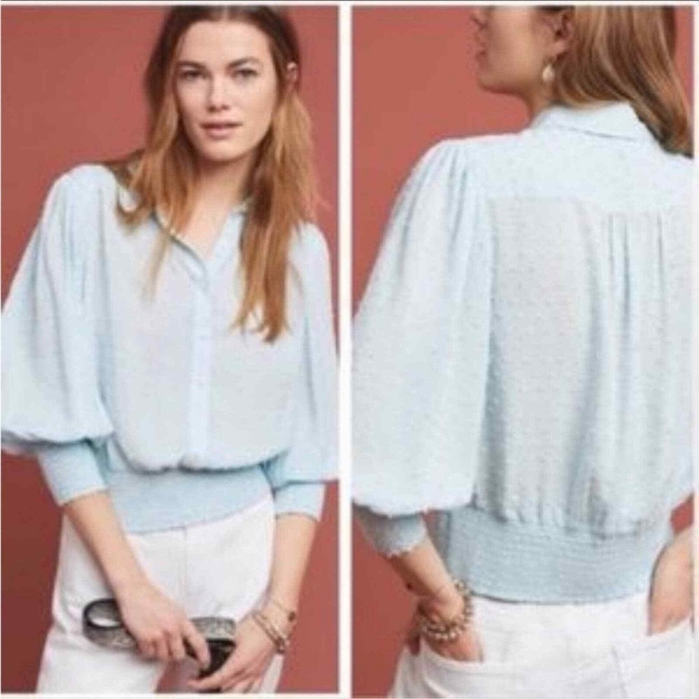 Anthropologie Maeve Blue Rosa Swiss Dot Blouse Teal Cropped Size S - Picture 1 of 5